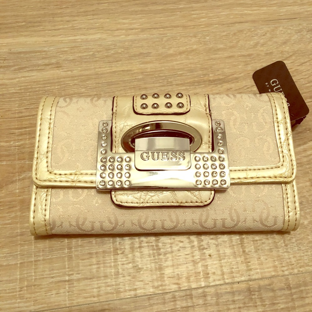 Guess Rhinestone studs Cream/Gold trifold wallet
